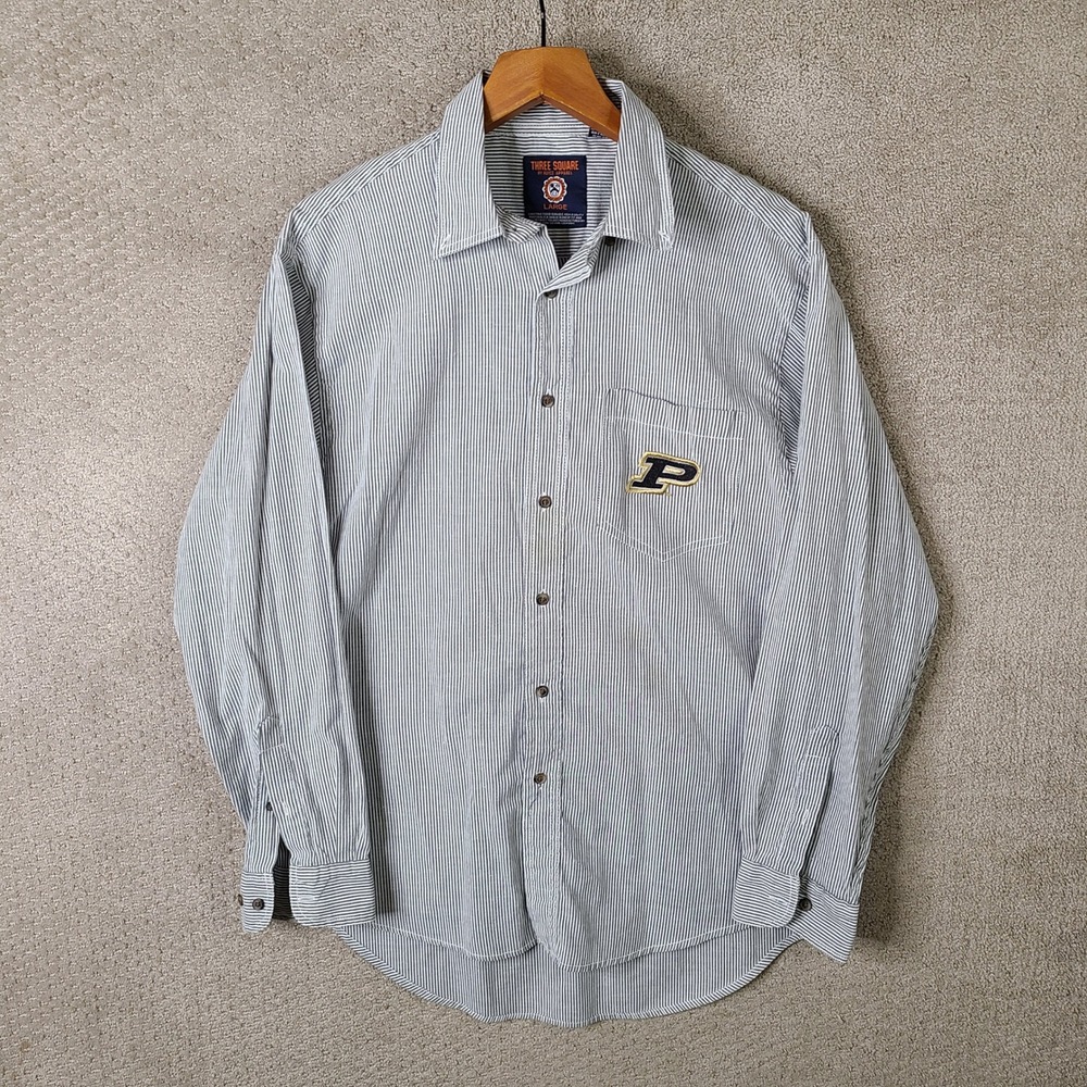 Three Square Shirt Mens Large Gray Striped Button Down Purdue Cotton Casual